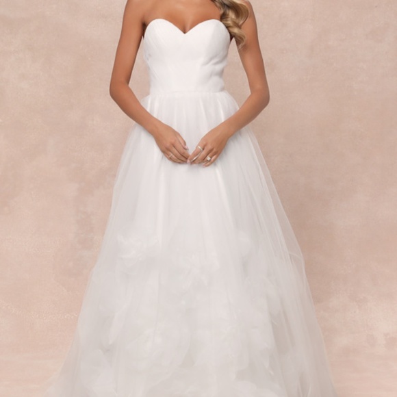 Lulus Beloved Vow White Tulle Pleated Strapless Flower Maxi Dress - Size M - Picture 1 of 1